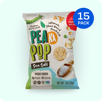 Pea Ka Pop sea salt veggie crisps packaging with a 15 pack indicator on a white background