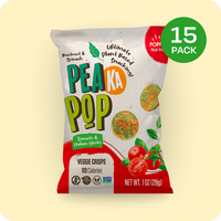 Pea Ka Pop veggie crisps packaging with '15 Pack' label on a beige background