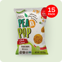 Packaging of PeaKa Pop Chili Lime veggie crisps with a 15-pack label on a light green background