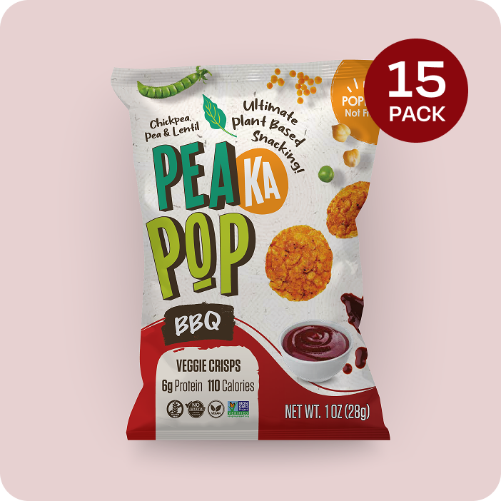 Pea Ka Pop BBQ veggie crisps packaging with 15 pack indicator on a light pink background