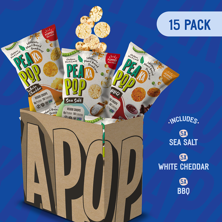 15-pack of Pea Ka Pop snack bags in a cardboard box on a blue background