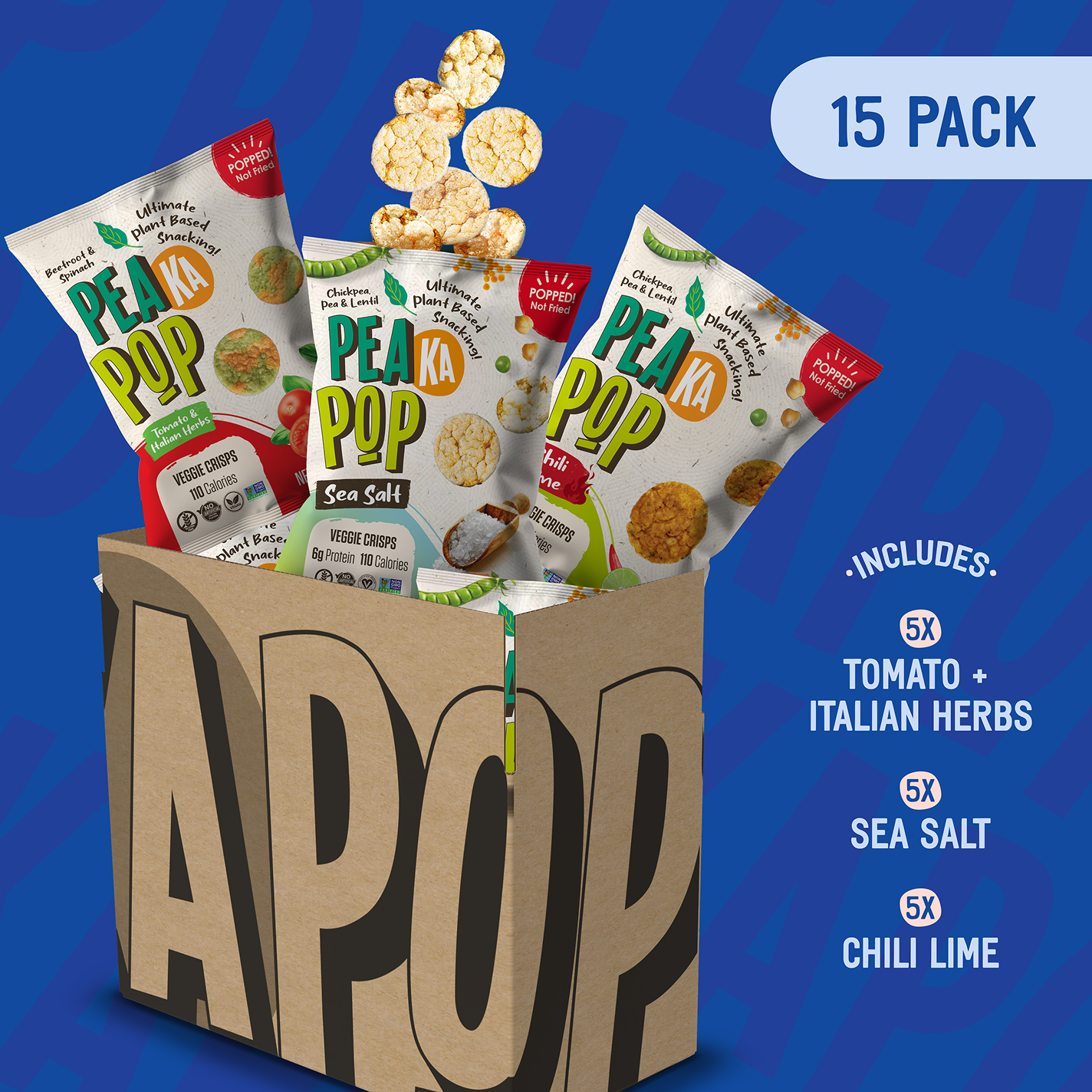 Box of Pea Ka Pop snack packs with a blue background